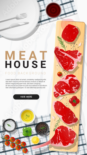 Raw beef steaks, tenderloin, strip loin, rib eye, t-bone and tomahawk with seasoning on wooden cutting board on marble stone background, vector, illustration