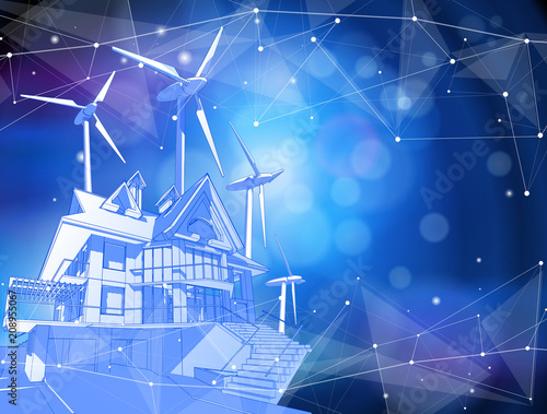 A modern house & windmills on a blue background surrounded by digital networks - an illustration of a smart eco-friendly home - the concept of modern information technology in managing a house, a city