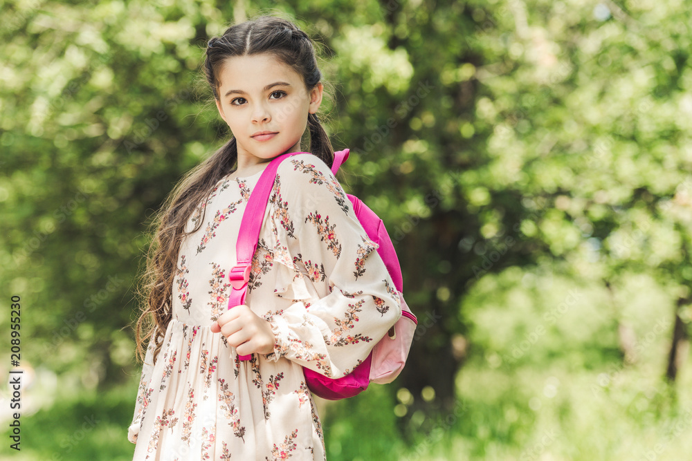 beautiful schoolgirl in dress with backpack looking at camera in park beautiful schoolgirl in dress with backpack looking at camera in park