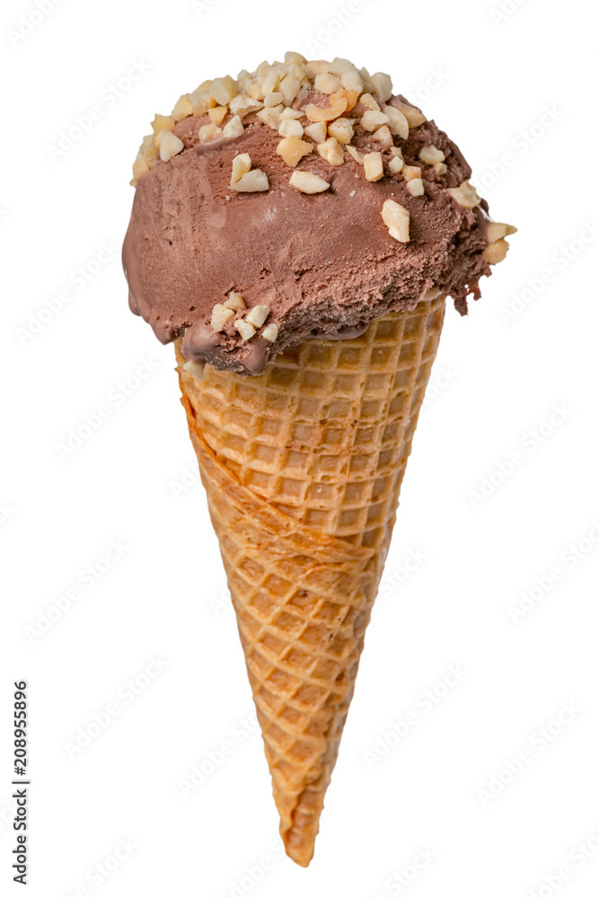 wafer cone with chocolate scoop of ice cream covered grated nuts isolated on white background, close up wafer cone with chocolate scoop of ice cream covered grated nuts isolated on white background, close up