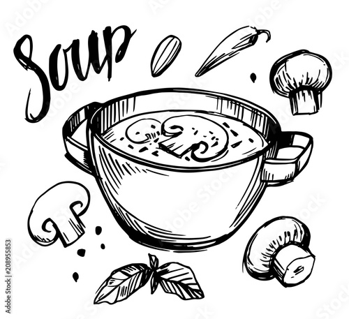 Sketch of soup with mushrooms. Vector