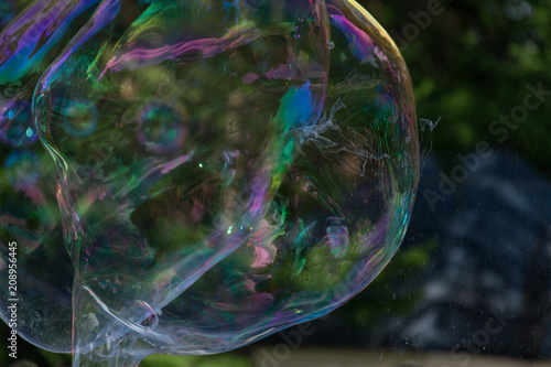 Iridescent large soap bubbles against the background of the forest.