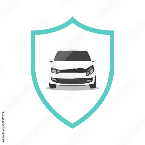 Damaged white car and shield. Car insurance concept. Vector illustration
