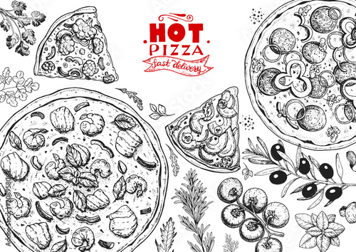 Italian pizza and ingredients top view frame. Italian food menu design template. Vintage hand drawn sketch, vector illustration. Engraved style illustration. Pizza label for menu.