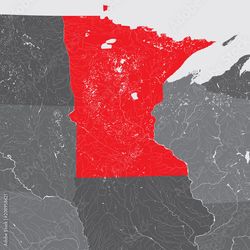 U.S. states - map of Minnesota. Please look at my other images of cartographic series - they are all very detailed and carefully drawn by hand WITH RIVERS AND LAKES.