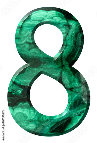 Arabic numeral 8, eight, from natural green malachite, isolated on white background