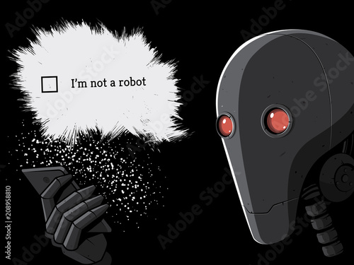 Robot and smartphone. I'm not a robot captcha. Vector illustration