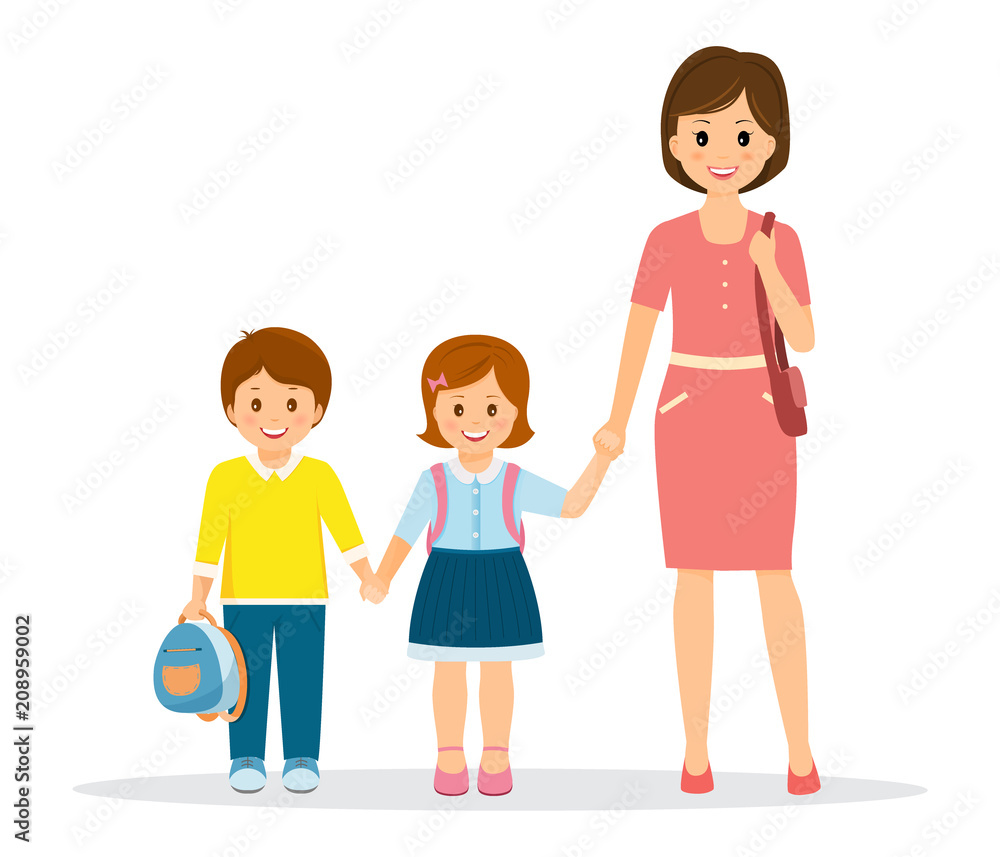 Mom holds her children hand.Pupils go to school with mom.Isolated on white background. Cartoon style. Vector illustration