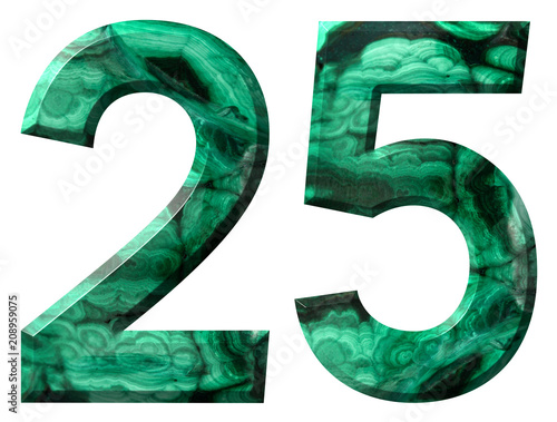 Arabic numeral 25, twenty five, from natural green malachite, isolated on white background photo