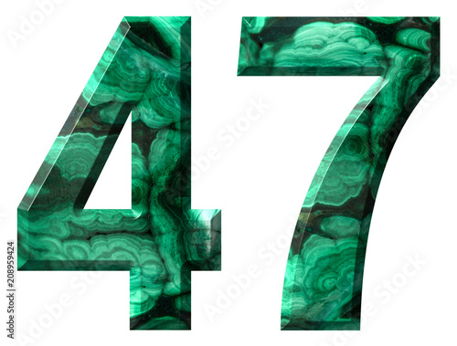 Arabic numeral 47, forty seven, from natural green malachite, isolated on white background photo