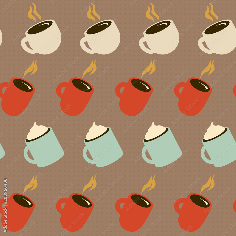 Seamless coffee pattern. Many different cups with drinks. Hot coffee. Seamless coffee pattern. Many different cups with drinks. Hot coffee.