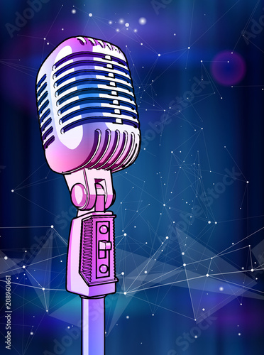 Violet microphone on a dark cosmic background: vector image. A glossy metal microphone pink-blue is surrounded by a minimalistic digital sound wave. In the background, stars, galaxies & infinite space