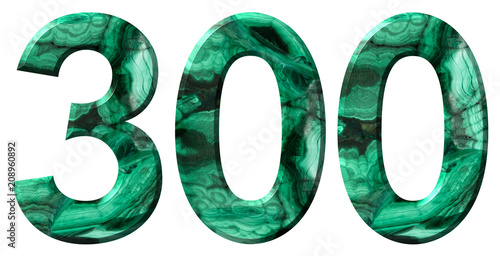 Arabic numeral 300, three hundred, from natural green malachite, isolated on white background
