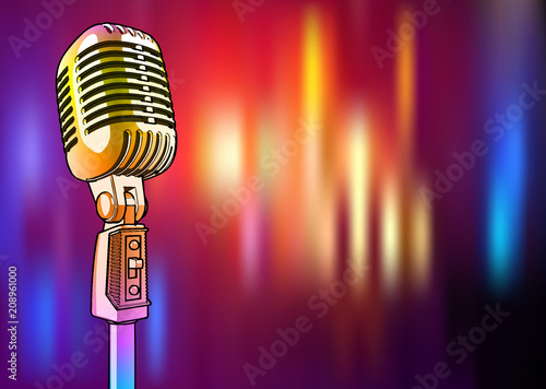 Golden microphone on a bright multi-colored background - vector image. A shiny metallic microphone of yellow color is surrounded by colored light spots similar to lighting a disco, concert or stage
