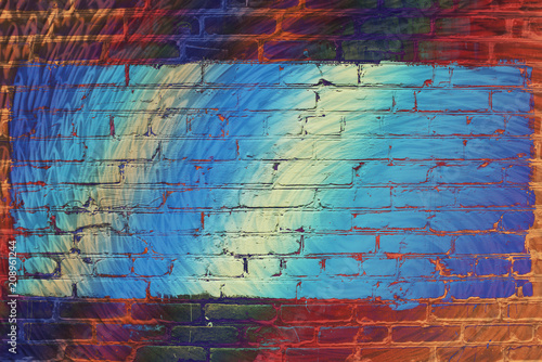 Hallucinogen neon surreal brick wall. Exotic fluorescent uneven wall with painted blue glowing center. Big rectangle for mock up in center close-up. Haunted imagination from drugs and alcohol.