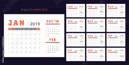 2019 calendar. English planner. Сolor vector template. Week starts on Sunday. Business planning