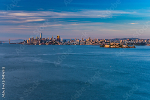 Sunrise view of San Francisco as seen from Angel Island in the bay