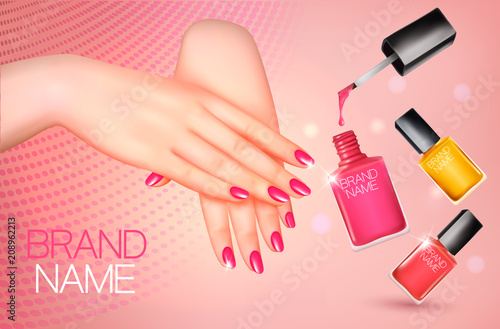 Manicured female hands and several nail laquer bottles. Vector illustration