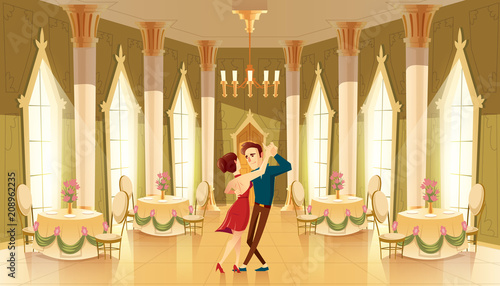 Vector hall with dancers, interior of ballroom. Big room with chandelier, columns for royal reception in luxury medieval palace. Marriage, wedding in castle, cartoon characters