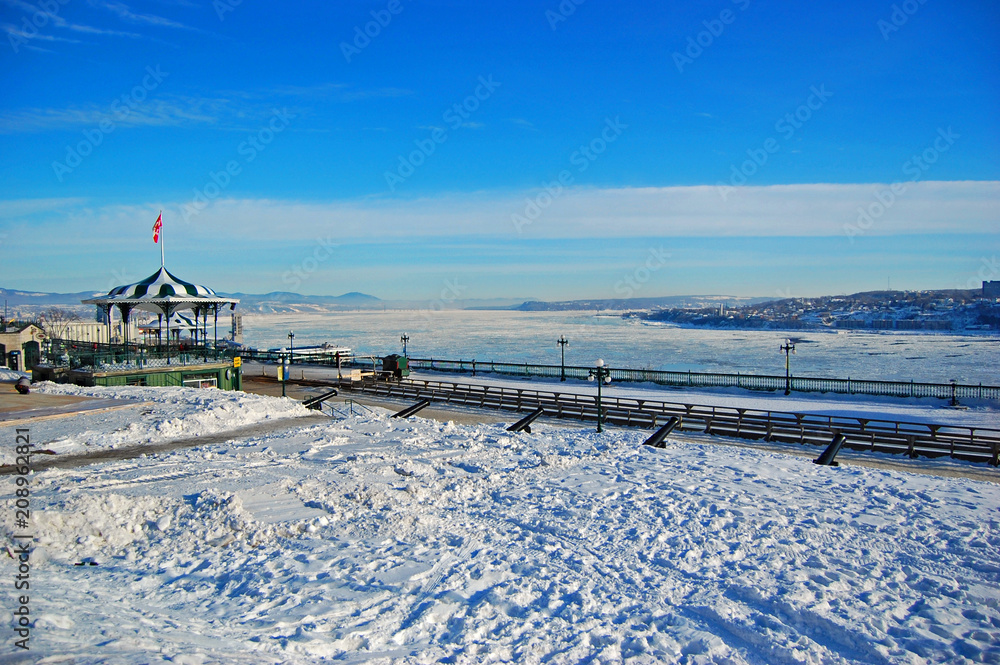 Levis City skyline in winter. Levis is located on the south bank of St. Lawrence River, Quebec City, Quebec, Canada.