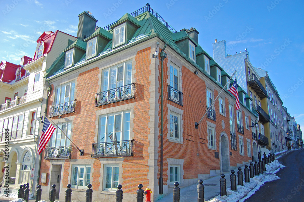 Consulate General of the United States of America in Old Quebec City, Quebec, Canada. Historic District of Quebec City is UNESCO World Heritage Site since 1985.