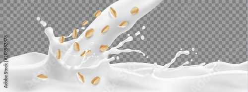 Vector 3d realistic milk with splashing drops and rolled oat grains isolated on transparent background. Mock up of farm product for package, advertising poster, promo banner of natural drink, food.