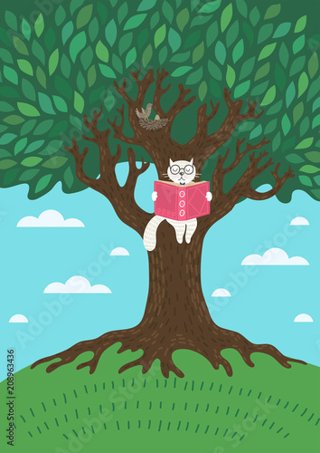 Wise white cat reading book on tree. Reading, studying, learning, story time, summer education concept. Children's vector illustration.