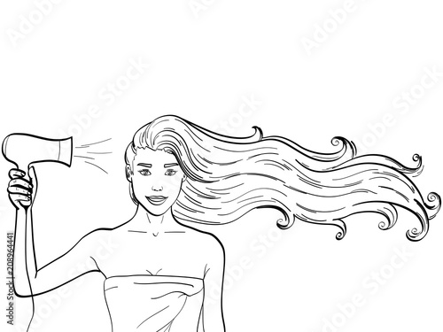 Object Children coloring, black lines, white background. A girl with long hair dries a hairdryer. Advertising of shampoo. vector