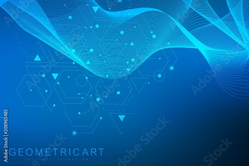 Geometric abstract background with connected line and dots. Structure molecule and communication. Scientific concept for your design. Medical, technology, science background. Vector illustration.