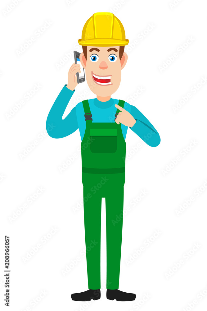 Builder pointing his finger at the mobile phone that he talks Builder pointing his finger at the mobile phone that he talks