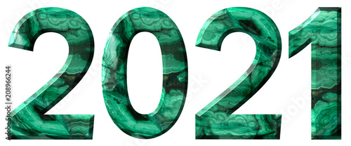 Numeral 2021 from natural green malachite, isolated on white background