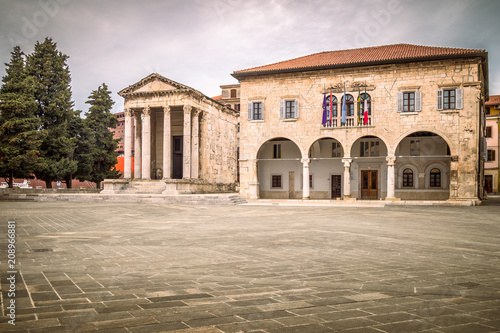 Town square with Temple Of Augustus in Pula, Croatia, Europe. © Viliam