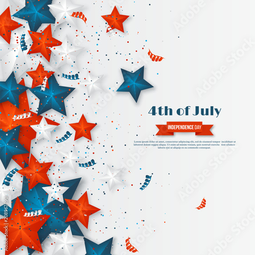 4th of July - Independence day of America. American holiday background. 3d stars in national colors with serpentine and confetti., vector illustration.