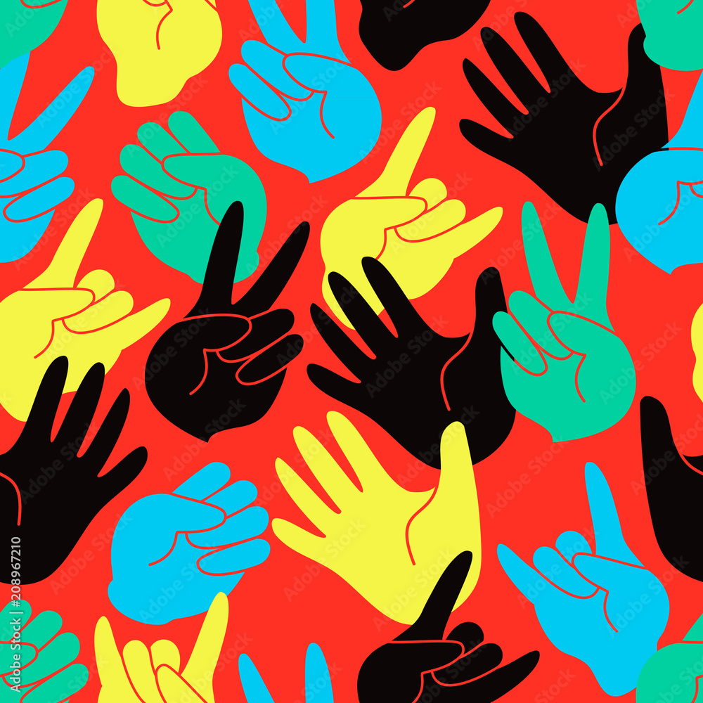 Fototapeta premium Seamless pattern of colorful stylized hands.