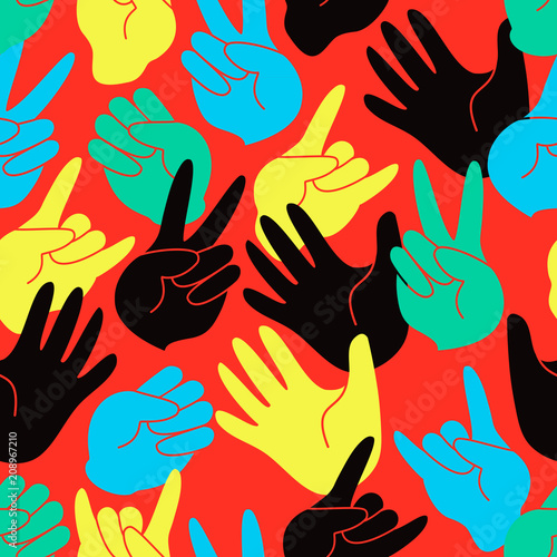 Seamless pattern of colorful stylized hands.