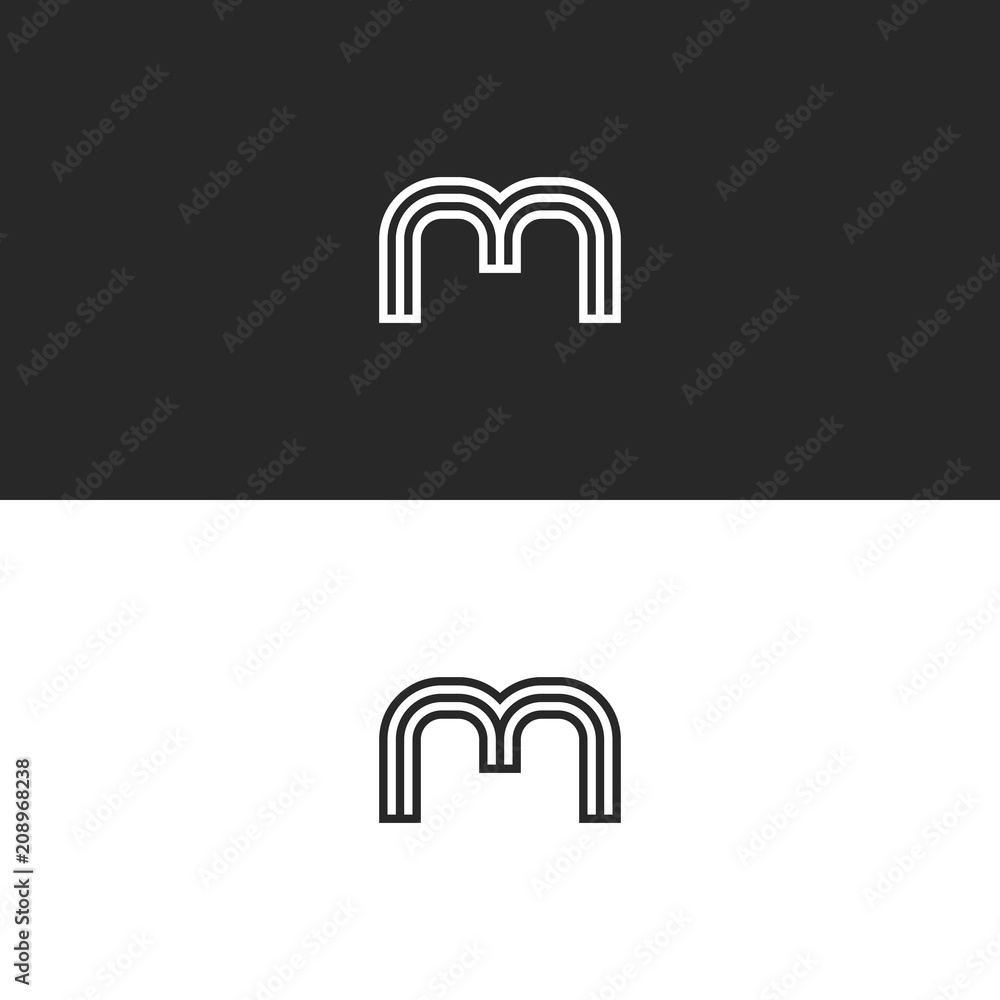 Monogram M letter minimal style initial logo, black and white thin smooth lines design identity emblem Monogram M letter minimal style initial logo, black and white thin smooth lines design identity emblem