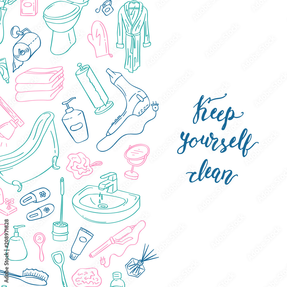 Fototapeta premium Vector background illustration with hand drawn doodle bathroom elements and place for text