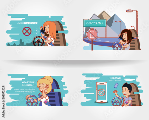 people driving with driver safely icons vector illustration design