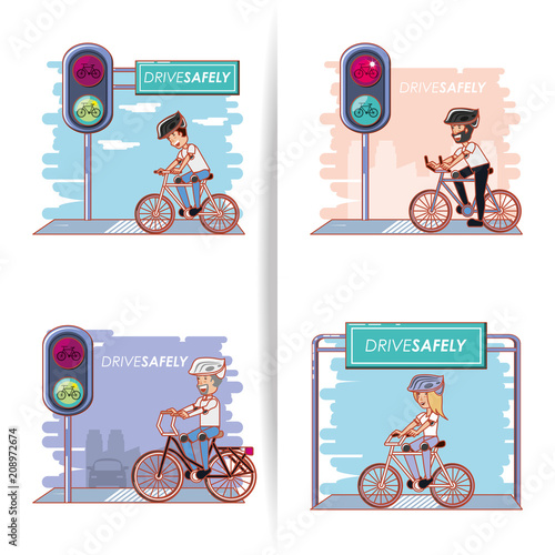 people in bicycle drive safely campaign vector illustration design