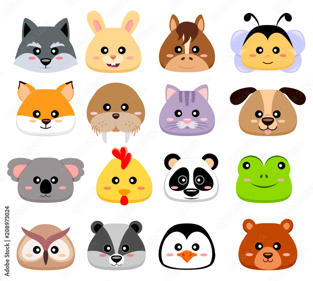 Cute cartoon animals head. Wolf, hare, horse, bee, fox, walrus, cat, dog, koala, chicken, panda, frog, owl, chipmunk, penguin, bear