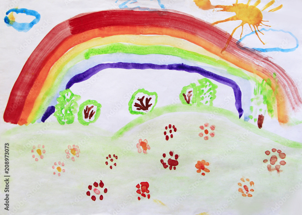 Naklejka premium Child's drawing of clearing with flowers rainbow and colored bushes