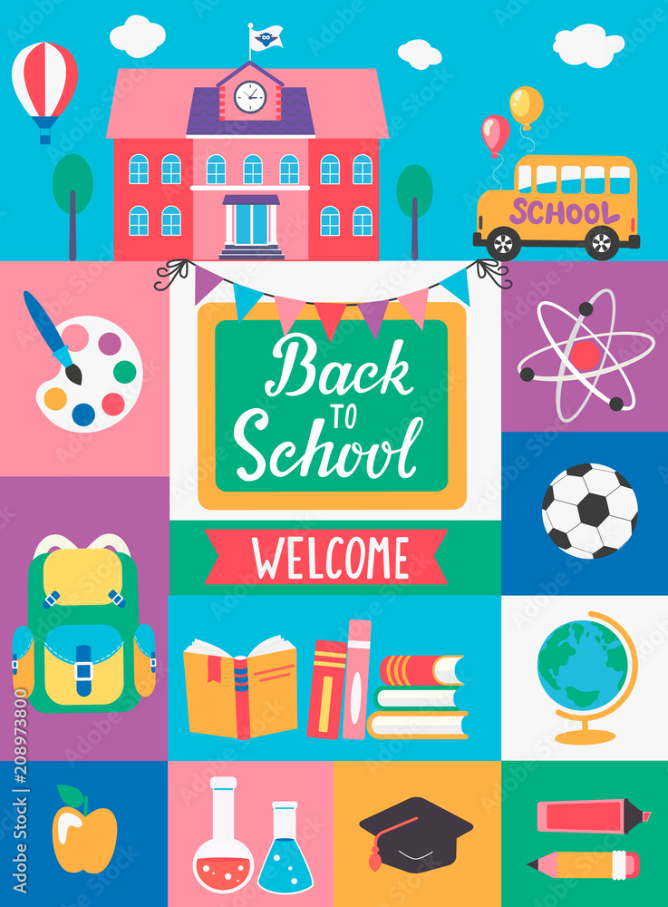 Welcome Back To School With different Flat Icons. Education Concept. Perfect for banners, flyers, posters, cards. Vector Illustration.