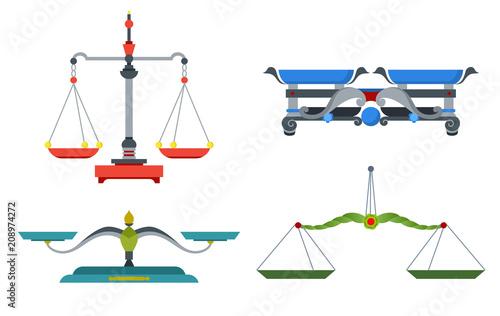 Balance scales with weight and equal pans. Device to measure mass, compare two objects, home and laboratory instrument. Vector flat style cartoon illustration isolated on white background