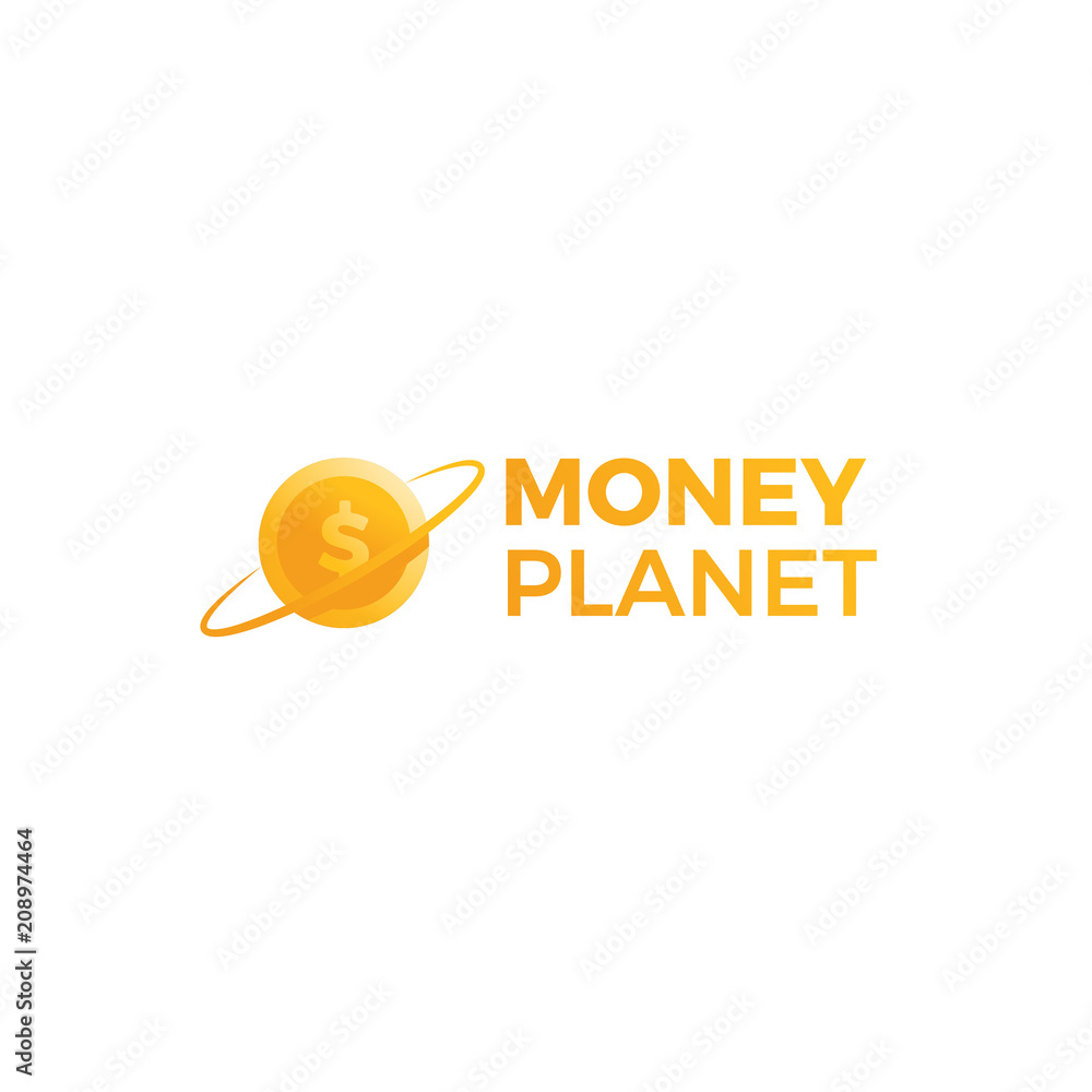 Money planet logo. Gold dollar coin in finance space. 