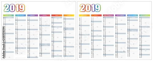 CALENDRIER 2019 FRANÇAIS SIMPLE vectorisé (base pour 265x210mm recto-verso, ech1) jours fériés, changement heure, 12 calques
