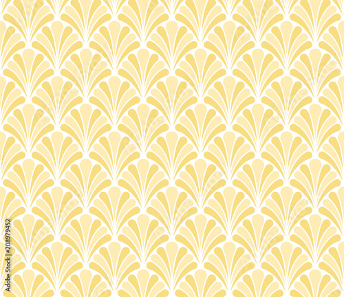 Classic Yellow Leaves Art Deco Seamless Pattern. Geometric Leaf Stylish Texture. Abstract Feather Retro Vector Texture.