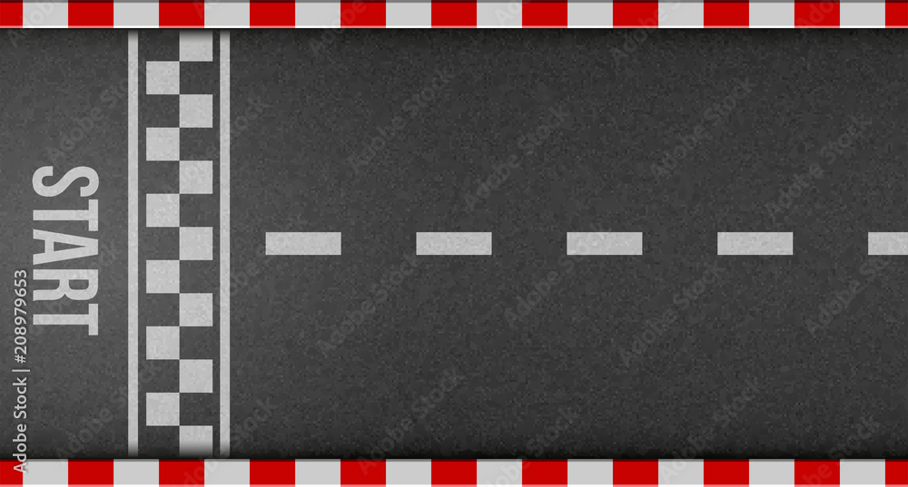 Obraz premium Creative vector illustration of finish line racing background top view. Art design. Start or finish on kart race. Grunge textured on the asphalt road. Abstract concept graphic element