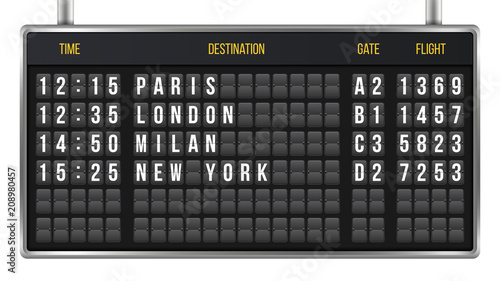 Creative vector illustration of realistic flip scoreboard, arrival airport board with alphabet, numbers isolated on transparent background. Art design. Analog timetable font. Concept graphic element