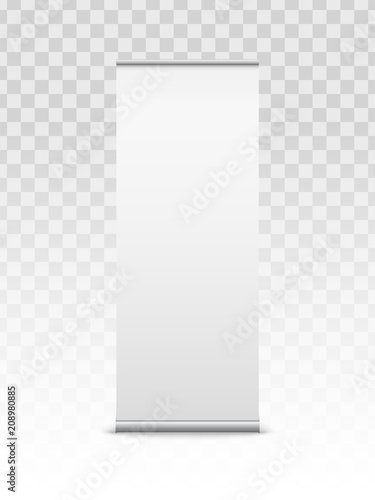 Creative vector illustration of empty roll up banners with paper canvas texture isolated on transparent background. Art design blank template mockup. Concept graphic promotional presentation element