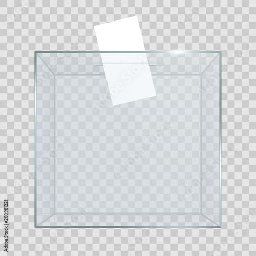 Creative vector illustration of realistic empty transparent ballot box with voting paper in hole isolated on background. Art design glass case is on museum pedestal, stage, 3d podium. Concept graphic